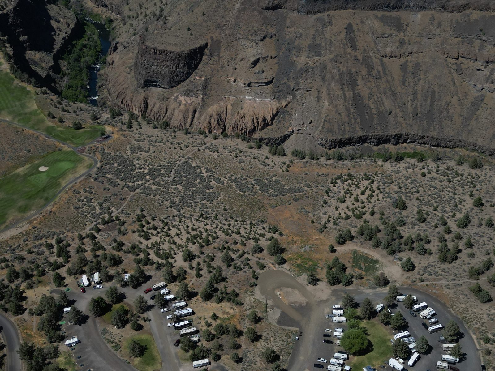 Aerial view of RV sites on canyon rim
