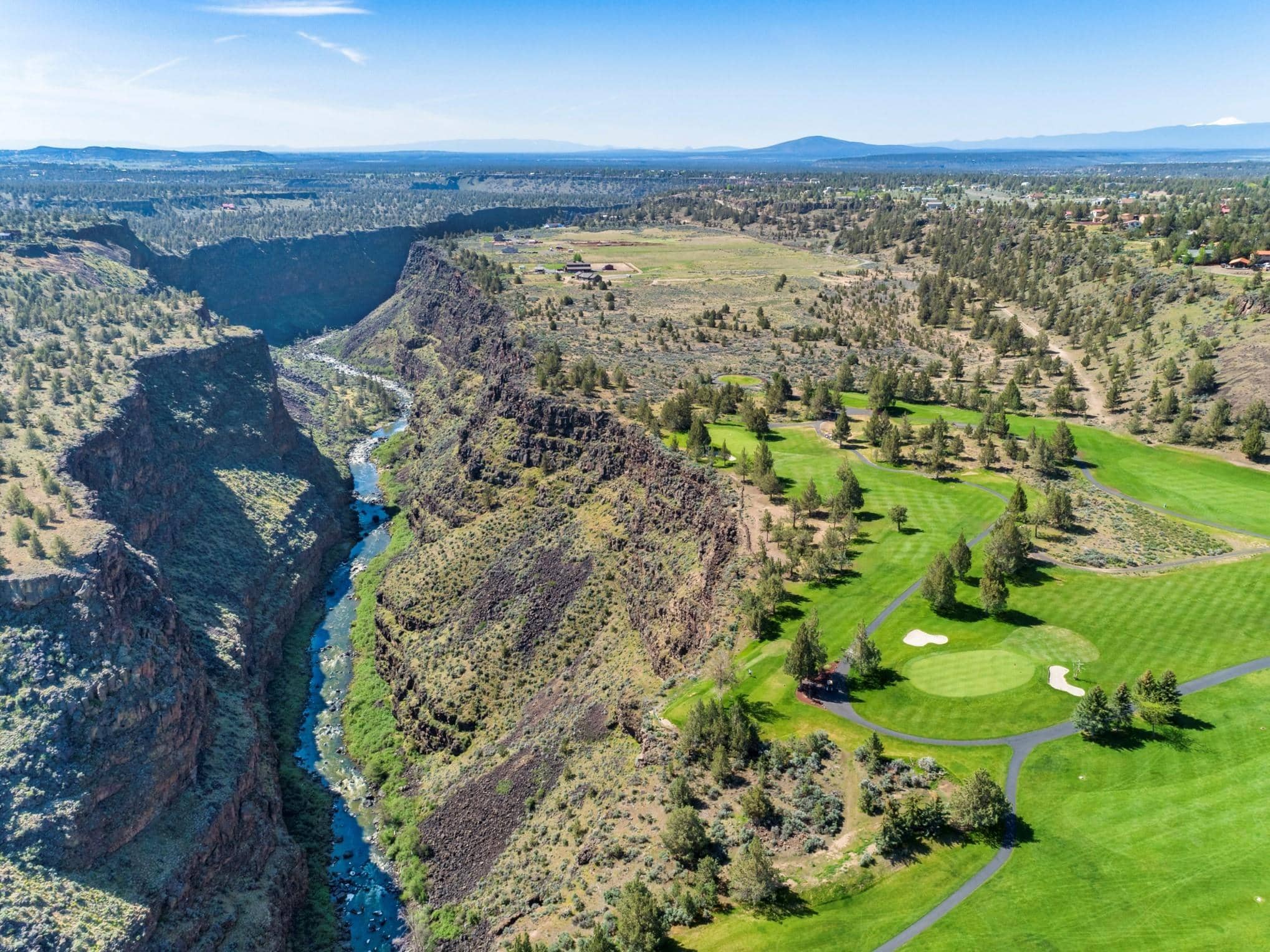 Aerial view of Crooked River Ranch Golf Course on the canyon rim with Crooked River below