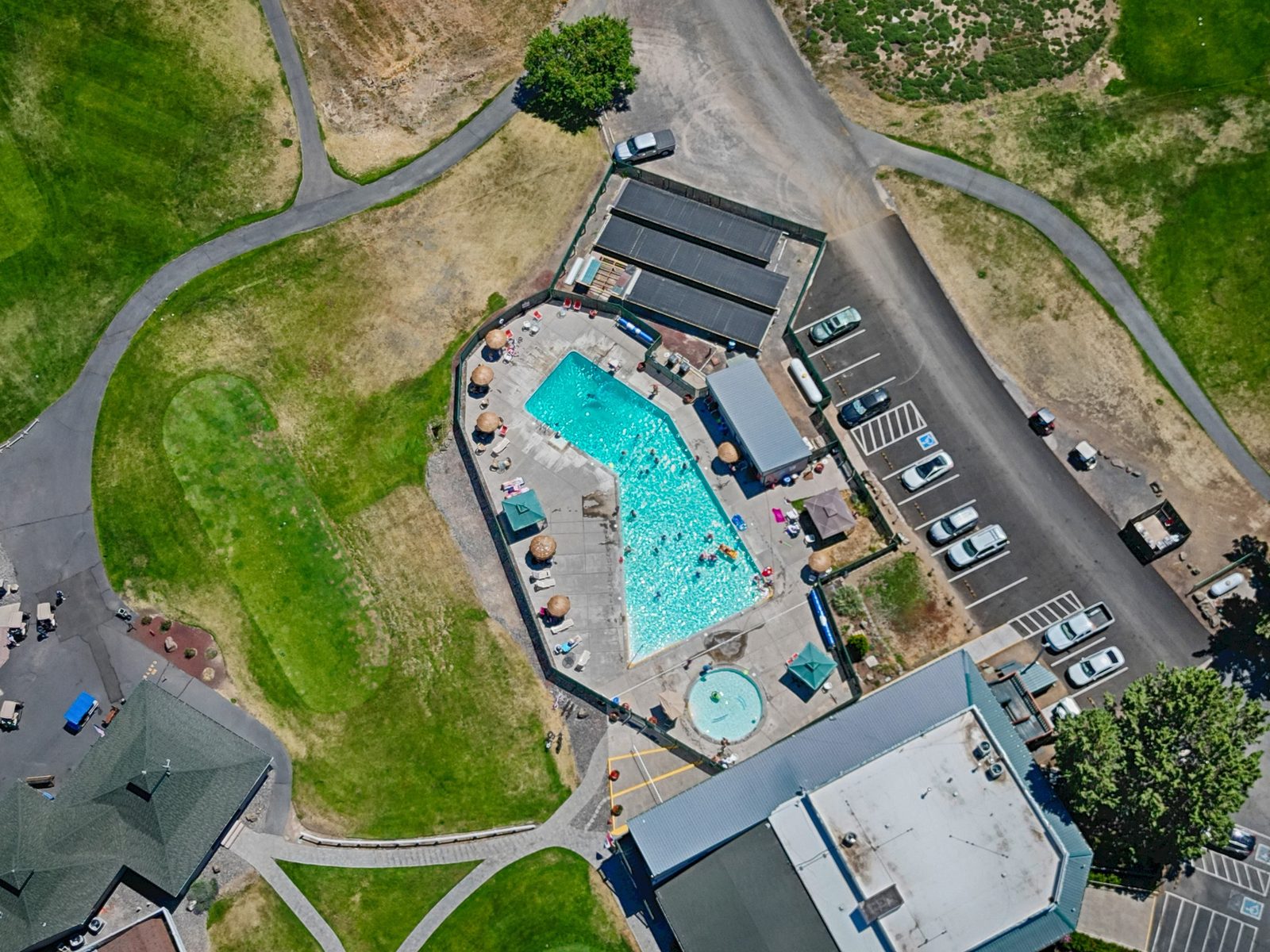 Aerial view of saltwater pool at Crooked River Ranch
